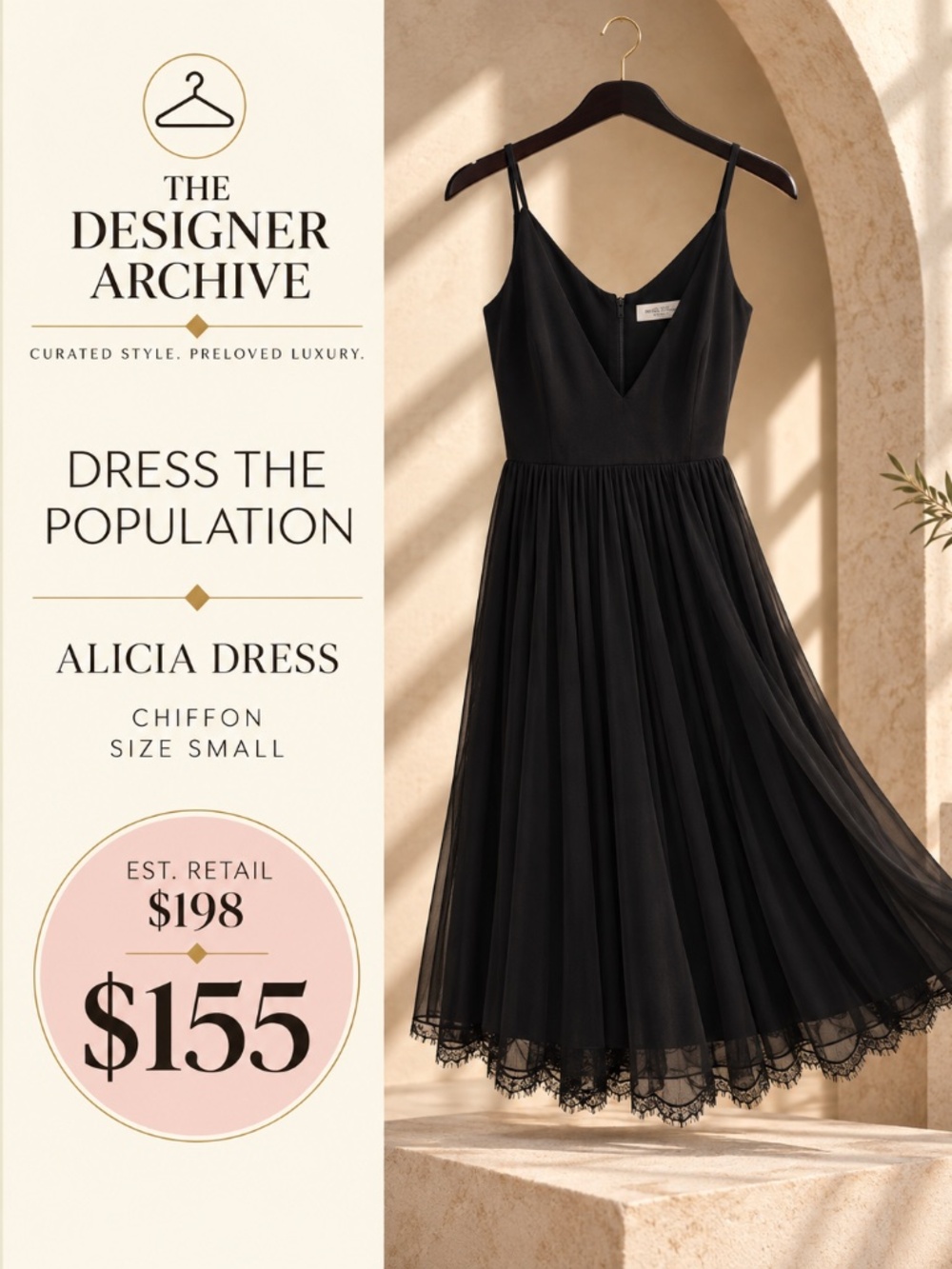 Dress the Population Alicia Dress | Black Chiffon Lace Midi | Size Small